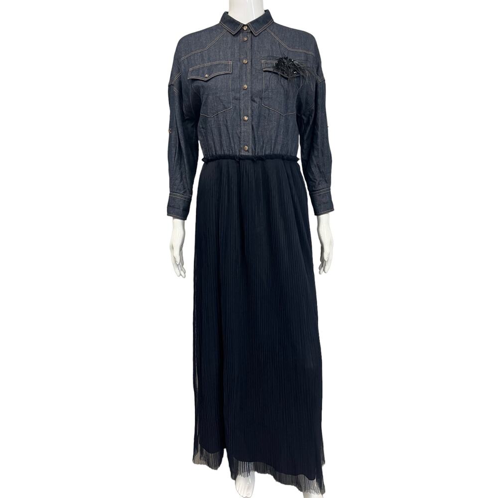 BRUNELLO CUCINELLO Denim Ostrich Feather Pleated Tulle Maxi Skirt Gown Dress M